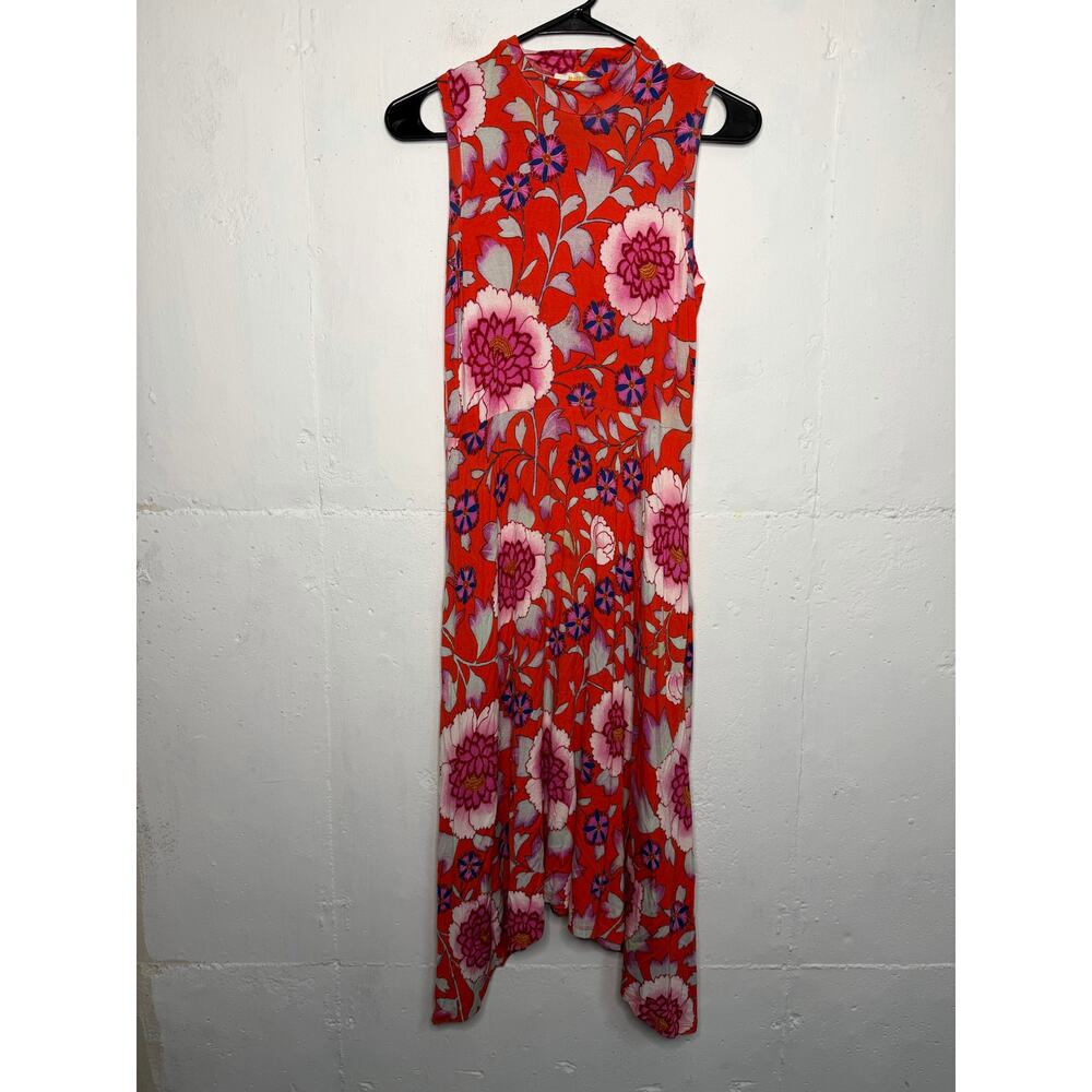 Maeve for Anthropologie red floral sleeveless mock neck midi dress Size Small